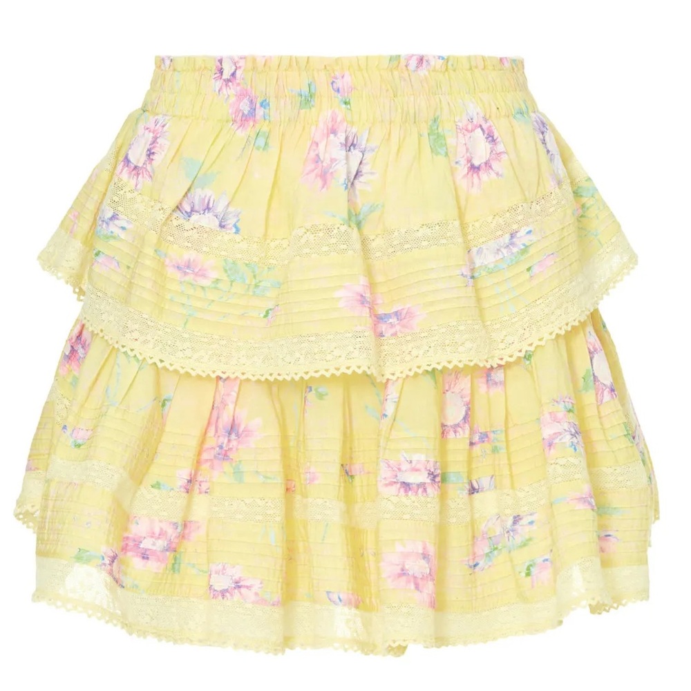 LoveShackFancy Yellow Floral Tiered Skirt with Lace Trim